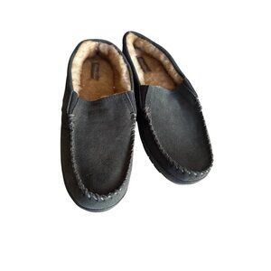 Eddie‎ Bauer Mens Shearling-Lined Moccasin Slippers Size XL 11-12 Black Suede